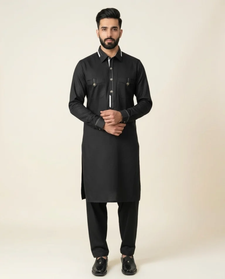Black Cotton Shalwar Kameez with Contrast Trim